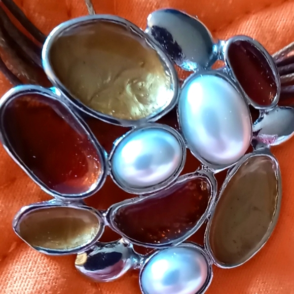 PEARL AND ENAMEL CLUSTER PENDANT SEVEN STRAND CORD NECKLACE 20 INCH - Picture 2 of 3